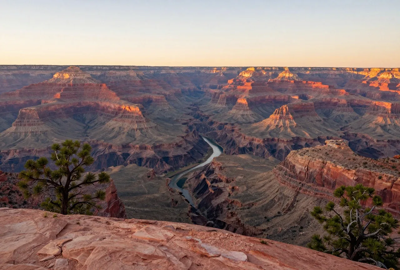 Weiter Blick vom Südrand des Grand Canyon über gestaffelte Felsterrassen und Schluchten, tief unten ein schmales Band des Flusses, rötliches Licht der untergehenden Sonne
