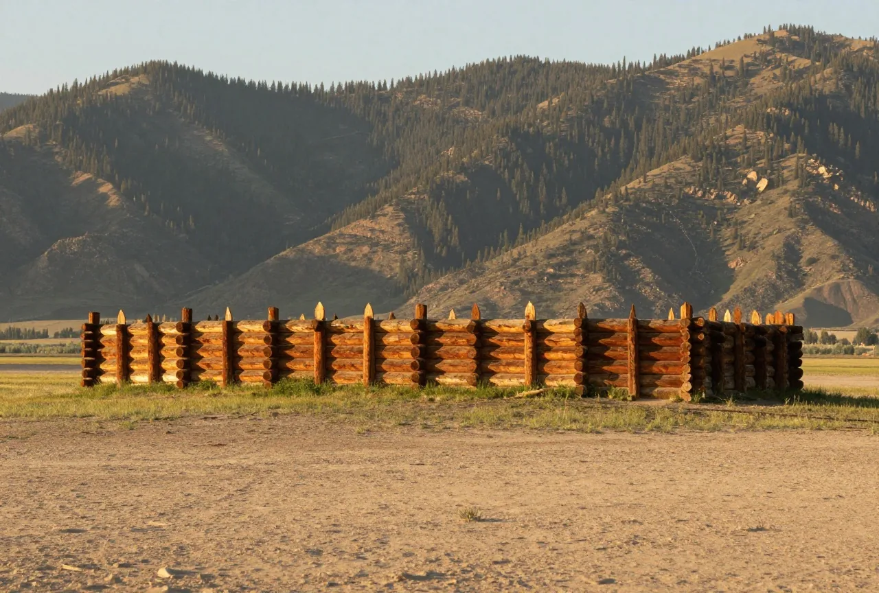 Nachgebauter Palisadenzaun aus spitzen Holzstämmen mit Eckbastion auf einer Grasfläche vor bewaldeten Vorbergen im warmen Nachmittagslicht