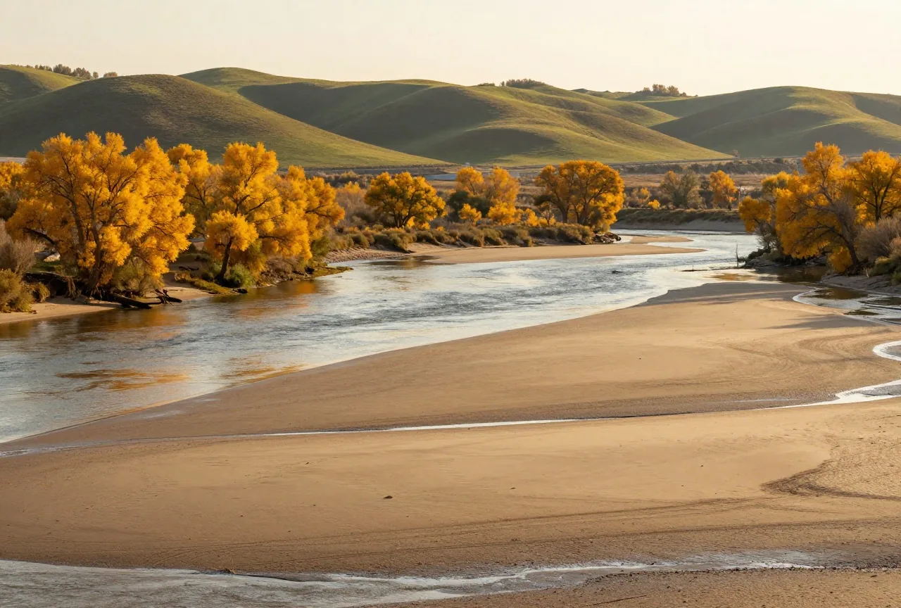 Breiter, flacher Fluss mit Sandbänken, am Ufer Pappeln mit gelbem Herbstlaub und dahinter grasbewachsene Hügel im Abendlicht