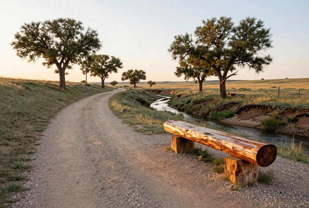 Schmaler Kiesweg mit einer Holzbank auf einer Anhöhe über einem flachen Bachtal mit Pappeln, Kurzgrasprärie bis zum Horizont, ruhiges Abendlicht
