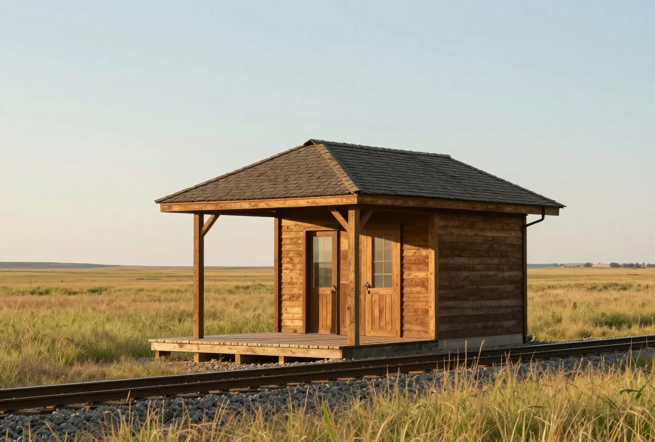 Kleiner Bahnhof aus Holz mit Bahnsteig aus Brettern an einem einzelnen Gleis in flacher Prärie unter weitem Himmel, warmes Nachmittagslicht