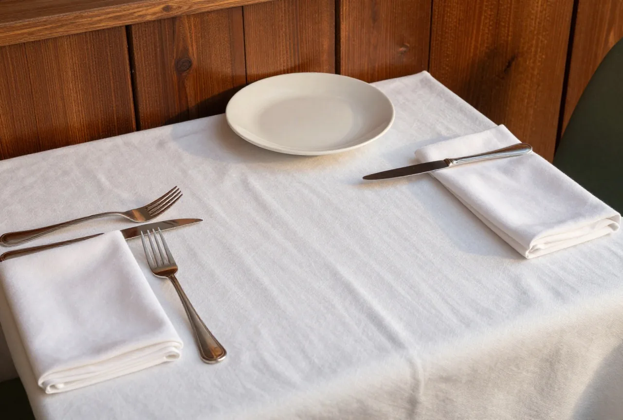 Gedeckter Tisch mit weißem Leinen, Silberbesteck und Porzellan vor einer Bretterwand, warmes Seitenlicht