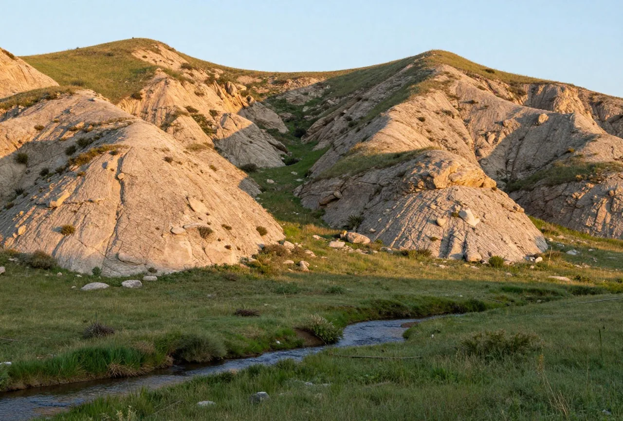 Bewaldete Hänge der Black Hills über einer Wiese mit klarem Bach im warmen Nachmittagslicht
