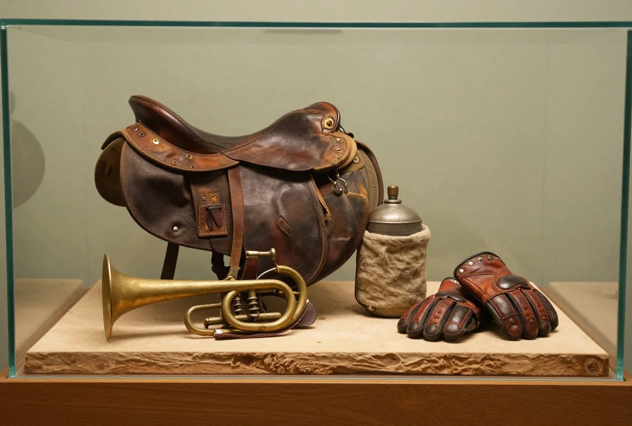 Glasvitrine mit abgenutztem Kavalleriesattel, Signalhorn aus Messing, Feldflasche und Lederhandschuhen auf einem Holzbrett