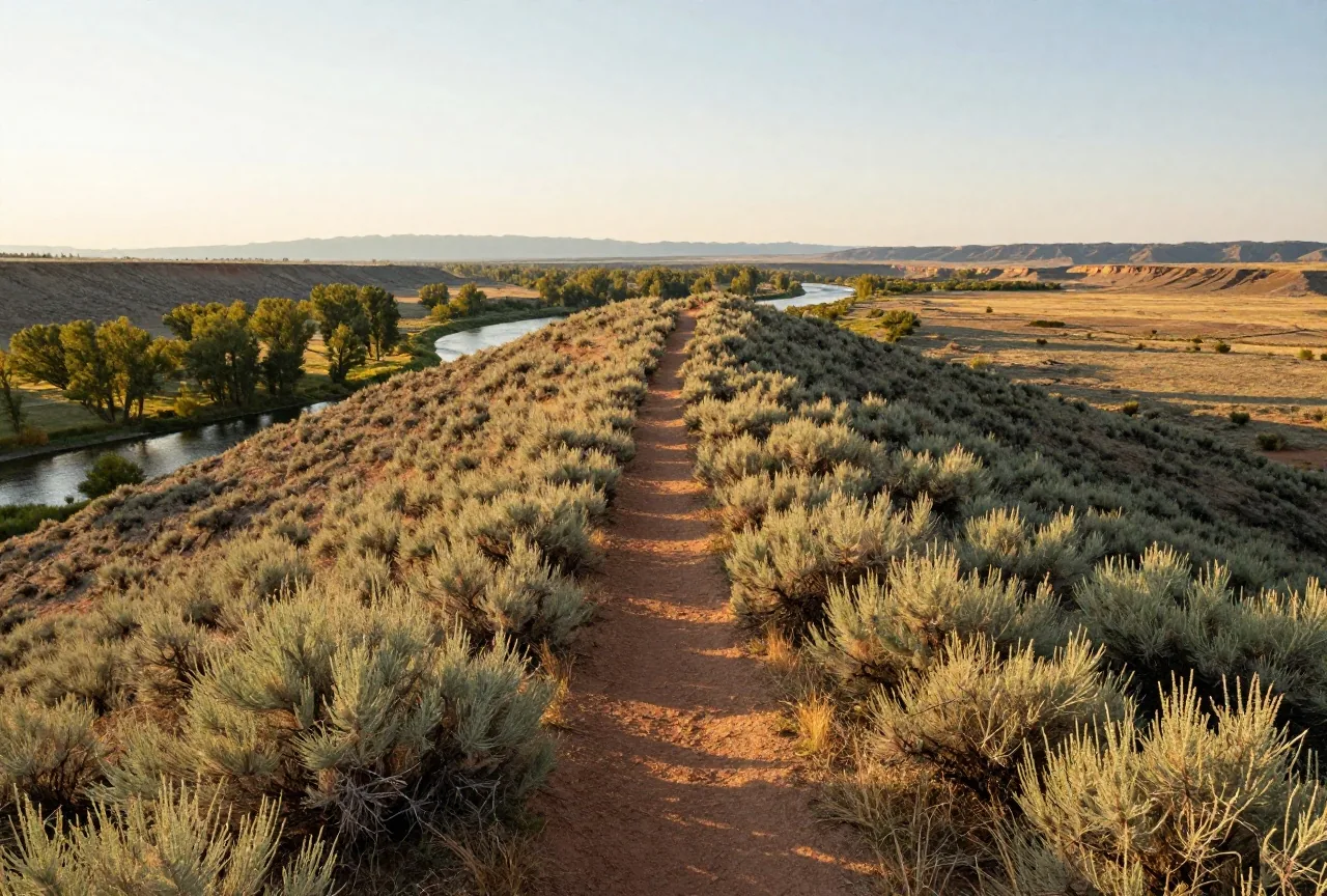 Grasbewachsener Höhenrücken mit Salbeibüschen über dem Tal des Little Bighorn River, ein schmaler Fußweg am Kamm, in der Ferne Pappeln und die Bighorn Mountains