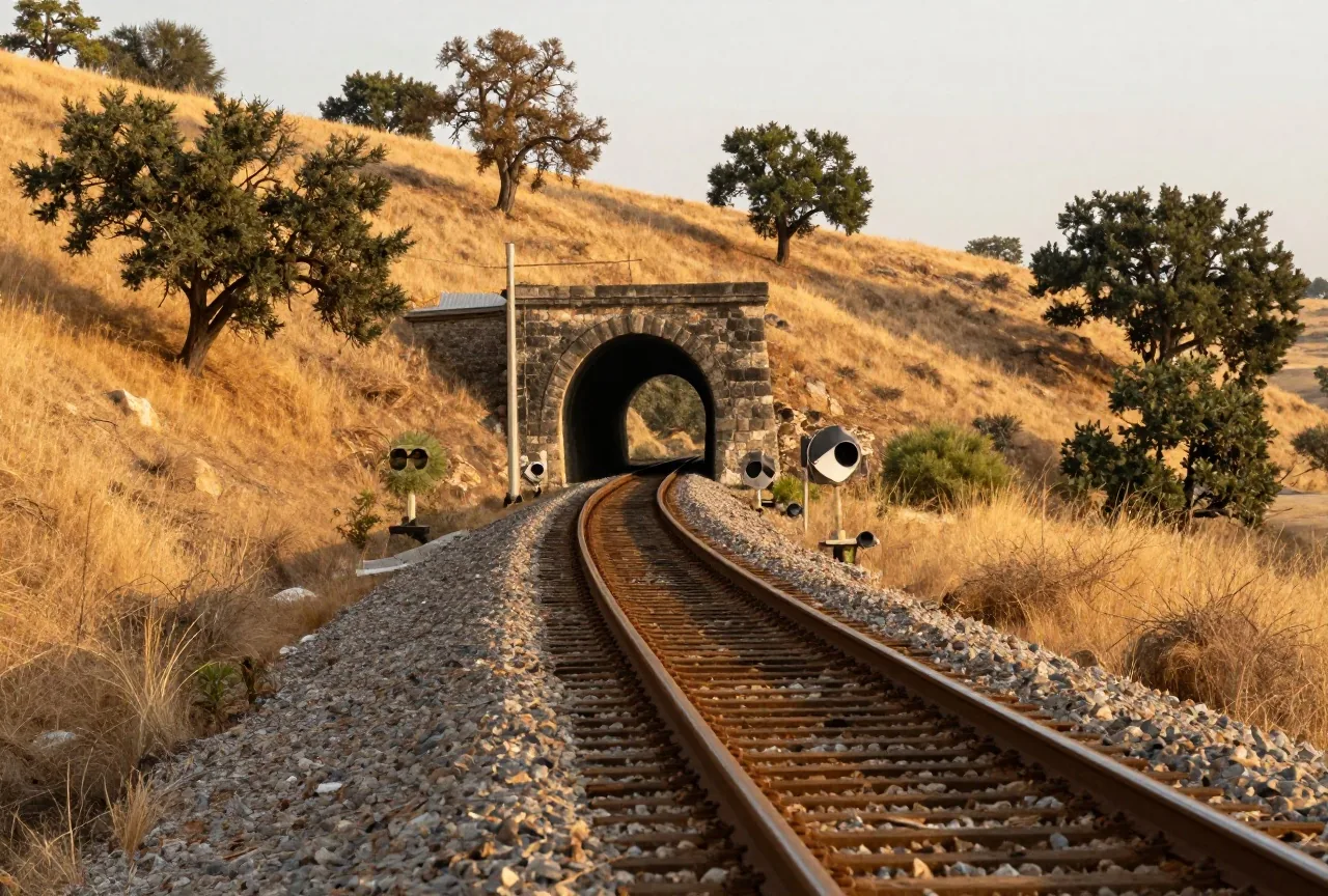 Gleis, das sich in einer weiten Schleife um einen trockenen, goldbraunen Hügel windet und weiter unten in einem Tunnel verschwindet, Eichen an den Hängen, warmes Abendlicht