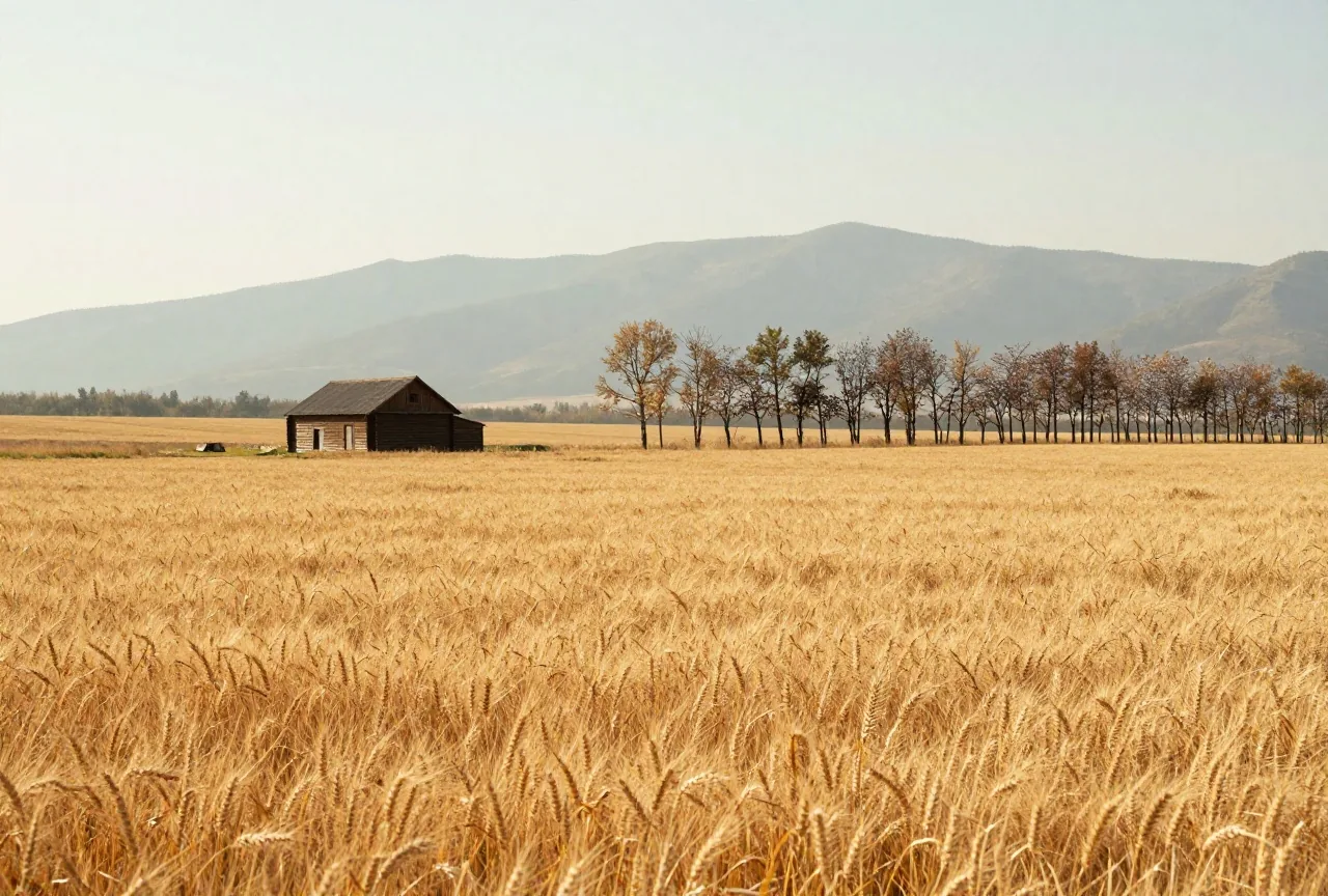 Reifes Weizenfeld in einer flachen Talebene, am Rand ein einfaches Farmhaus aus Holz und eine Reihe Pappeln, dahinter ferne Berge im Dunst, warmes Nachmittagslicht