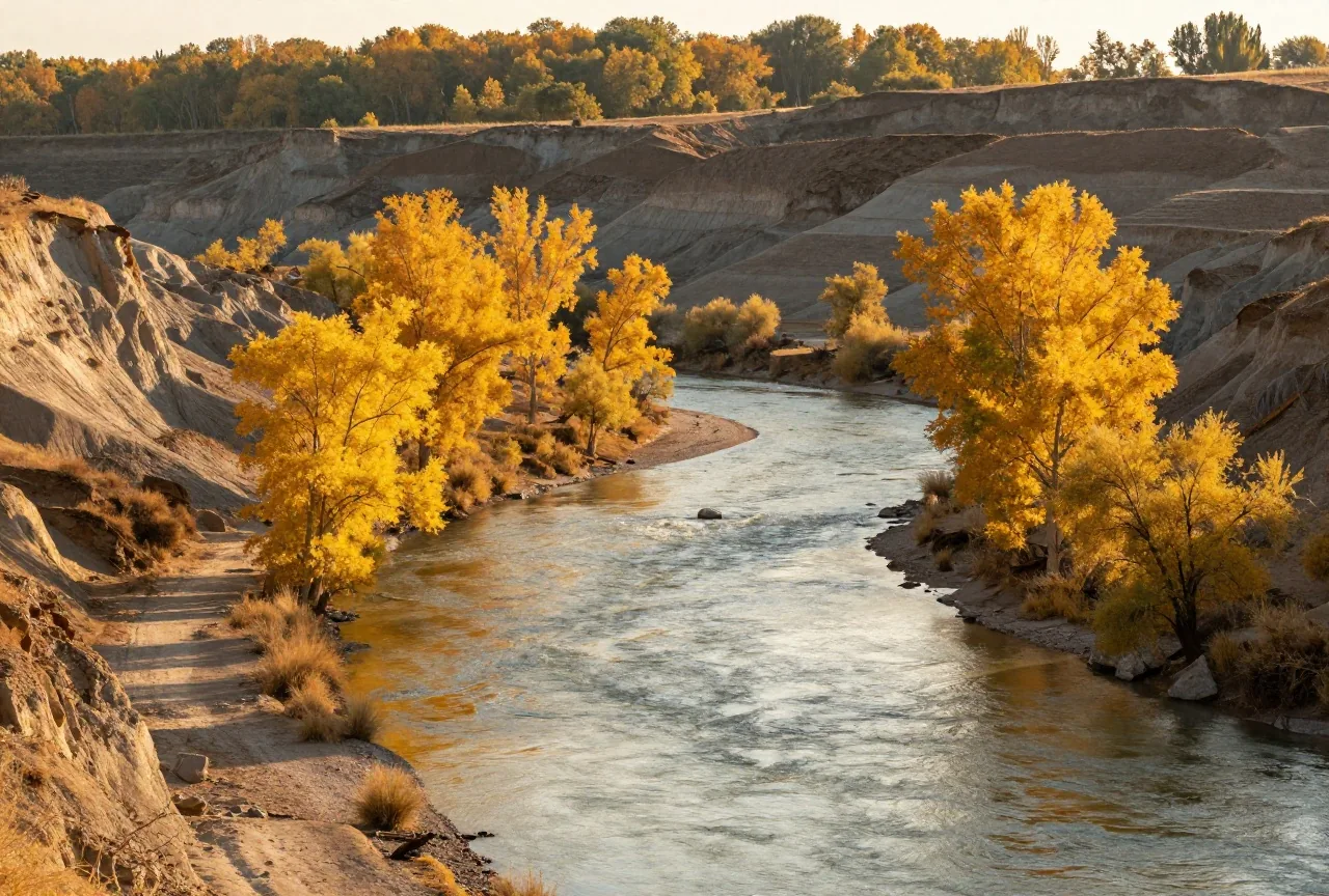 Breiter Fluss mit Pappeln am Ufer in einem Tal zwischen grauen Lehmhügeln und einem bewaldeten Hochplateau, warmes Herbstlicht am Nachmittag