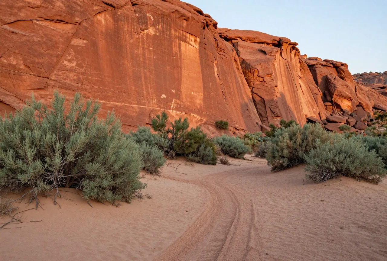 Hohe Sandsteinwand in Rostrot und Ocker über einem trockenen Bachbett mit Wacholder und Salbei, Spuren eines alten Pfades im Sand, Abendsonne