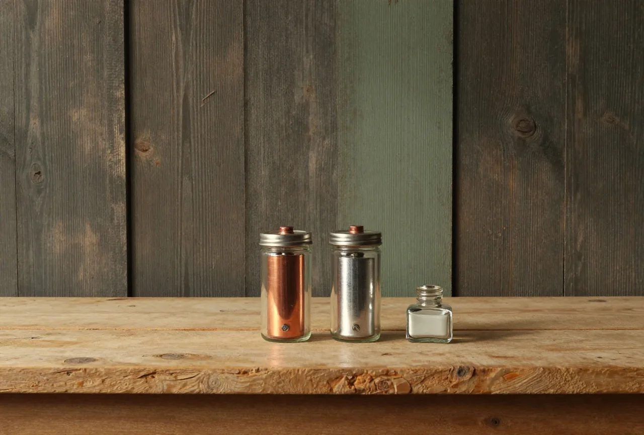 Zwei Glasgefäße einer Batterie mit Zink- und Kupferplatten und ein Tintenfass auf einem rohen Holztisch vor einer Bretterwand, warmes Seitenlicht