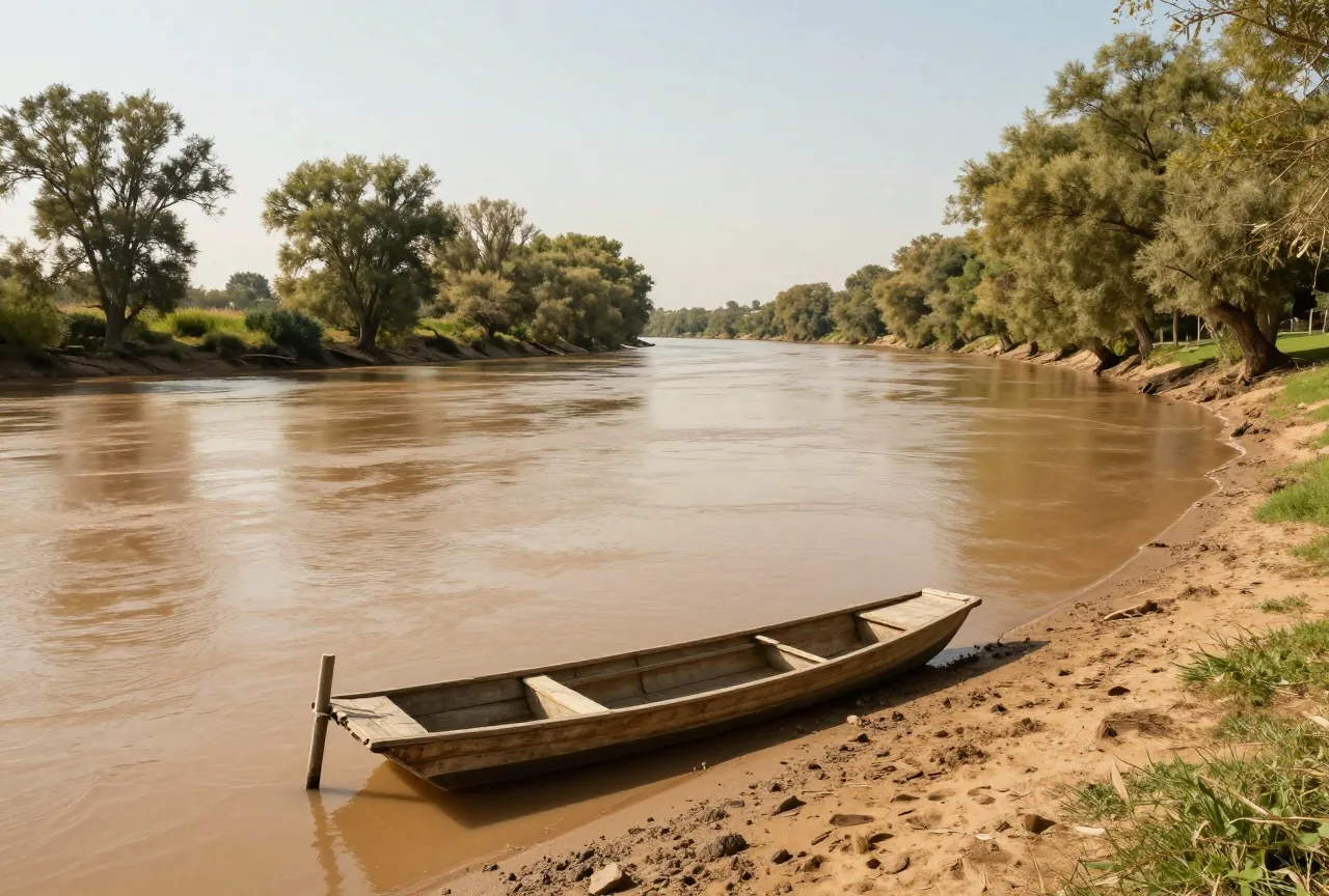 Breiter, schlammiger Fluss zwischen Ufern mit Pappeln und Gras, am Ufer ein hölzerner Fährkahn an einem Pfahl, späte Nachmittagssonne