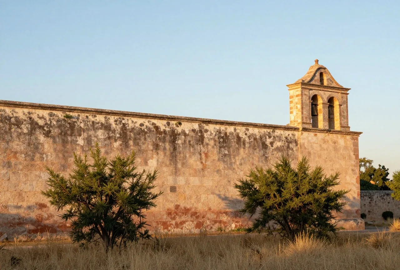 Verwitterte Kalksteinmauer einer alten spanischen Festung mit einem schlichten Glockenturm, davor trockenes Gras und Mesquitebüsche, warmes Abendlicht