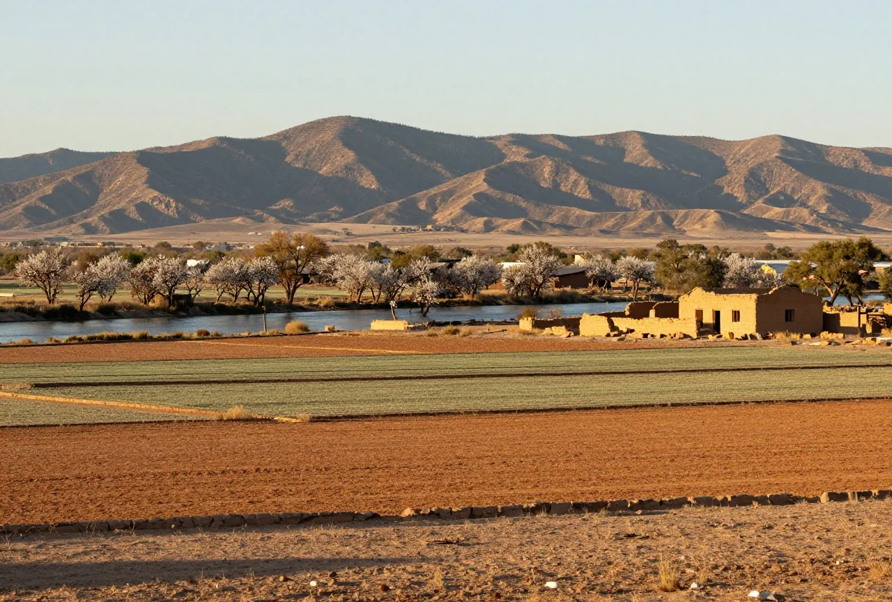 Weite Flussebene am Rio Grande mit bewässerten Feldern, Pappeln am Ufer und den Ruinen eines Hauses aus Lehmziegeln, im Hintergrund kahle Berge im späten Nachmittagslicht