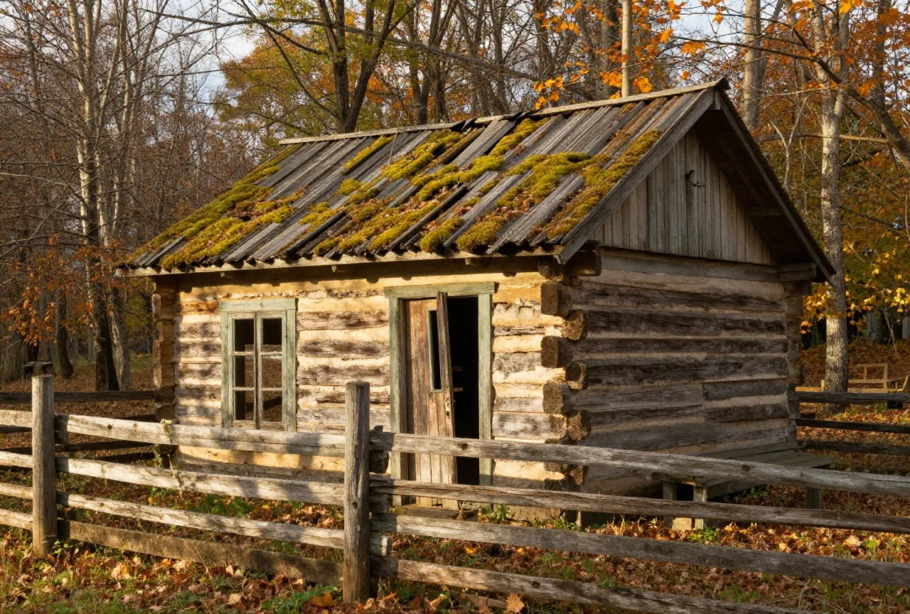 Blockhaus mit Lattenzaun auf einer Lichtung im herbstlichen Laubwald, warmes Licht der späten Nachmittagssonne
