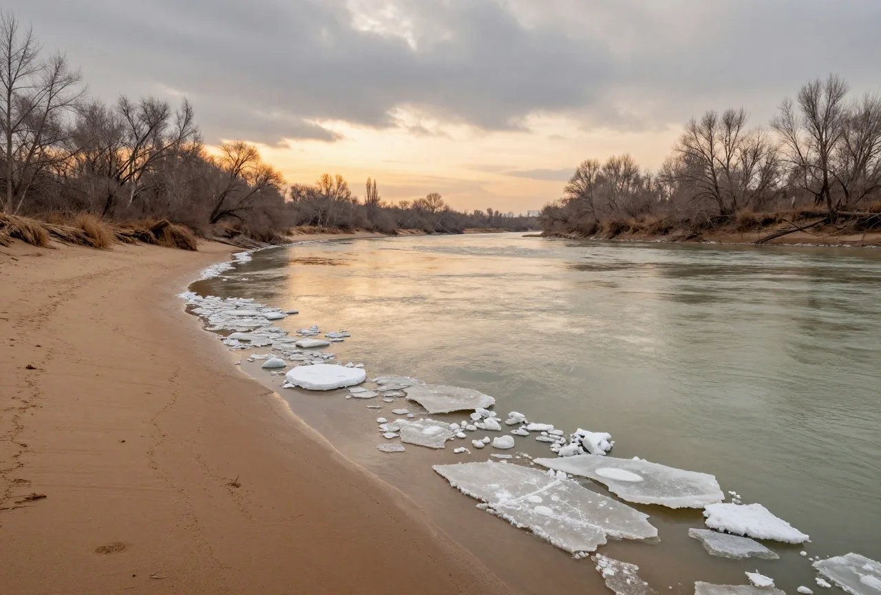 Breiter Fluss im Winter mit Eisschollen an den schlammigen Ufern und kahlen Bäumen unter tief stehender Sonne