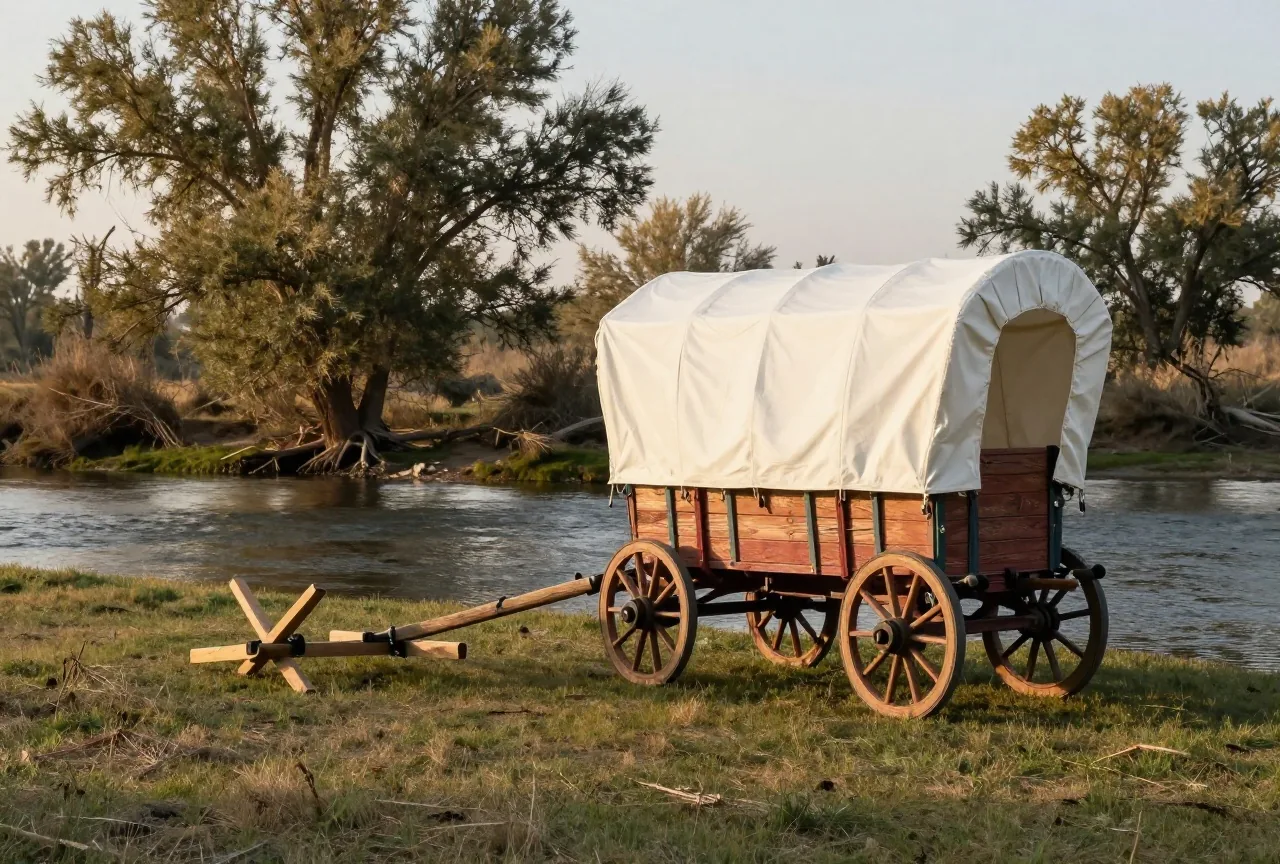 Planwagen mit weißer Leinwandplane allein an einer flachen Flussfurt, daneben ein hölzernes Ochsenjoch im Gras, warmes Abendlicht