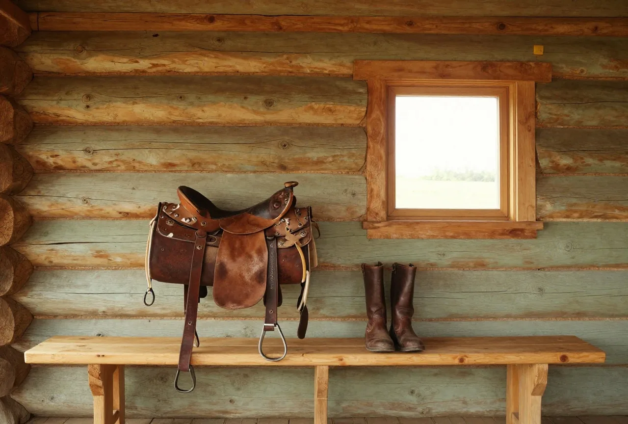 Lederne Satteltaschen und ein Paar abgetragene Reitstiefel auf einer Holzbank in einer einfachen Pferdewechselstation aus Holz, warmes Seitenlicht