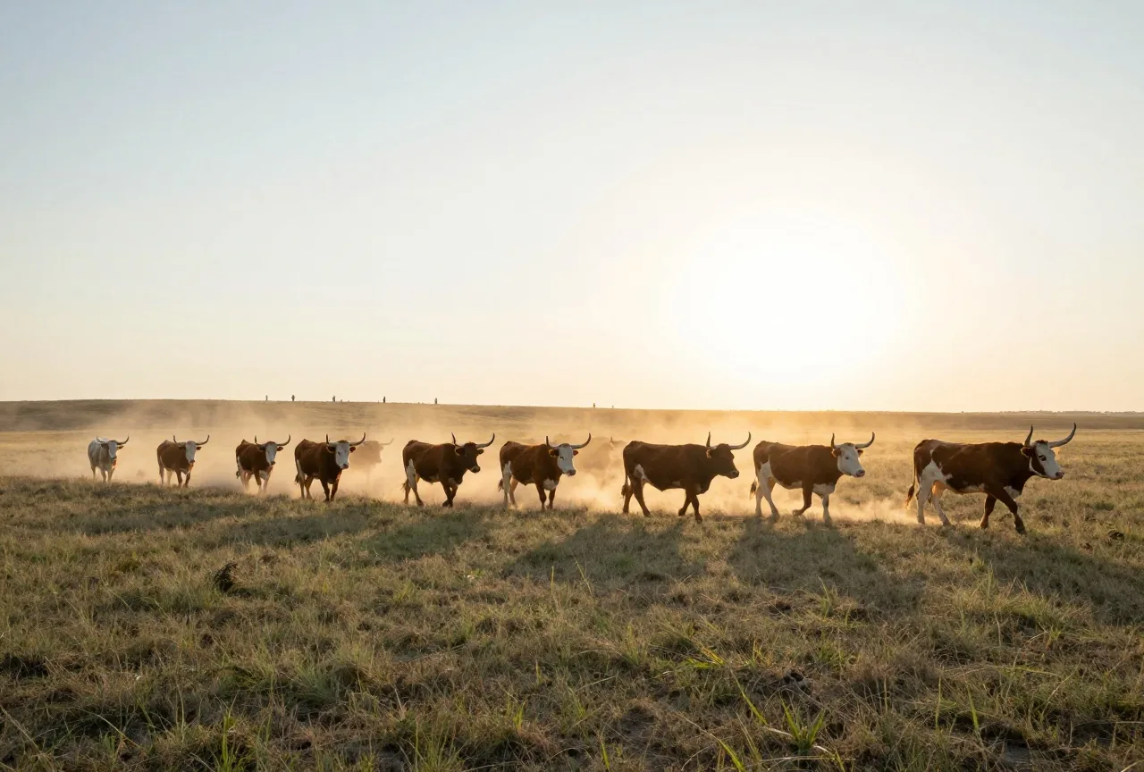 Herde von Longhorn-Rindern zieht in großer Ferne über offenes Grasland, eine Staubwolke im Gegenlicht, Reiter nur als winzige Silhouetten am Horizont