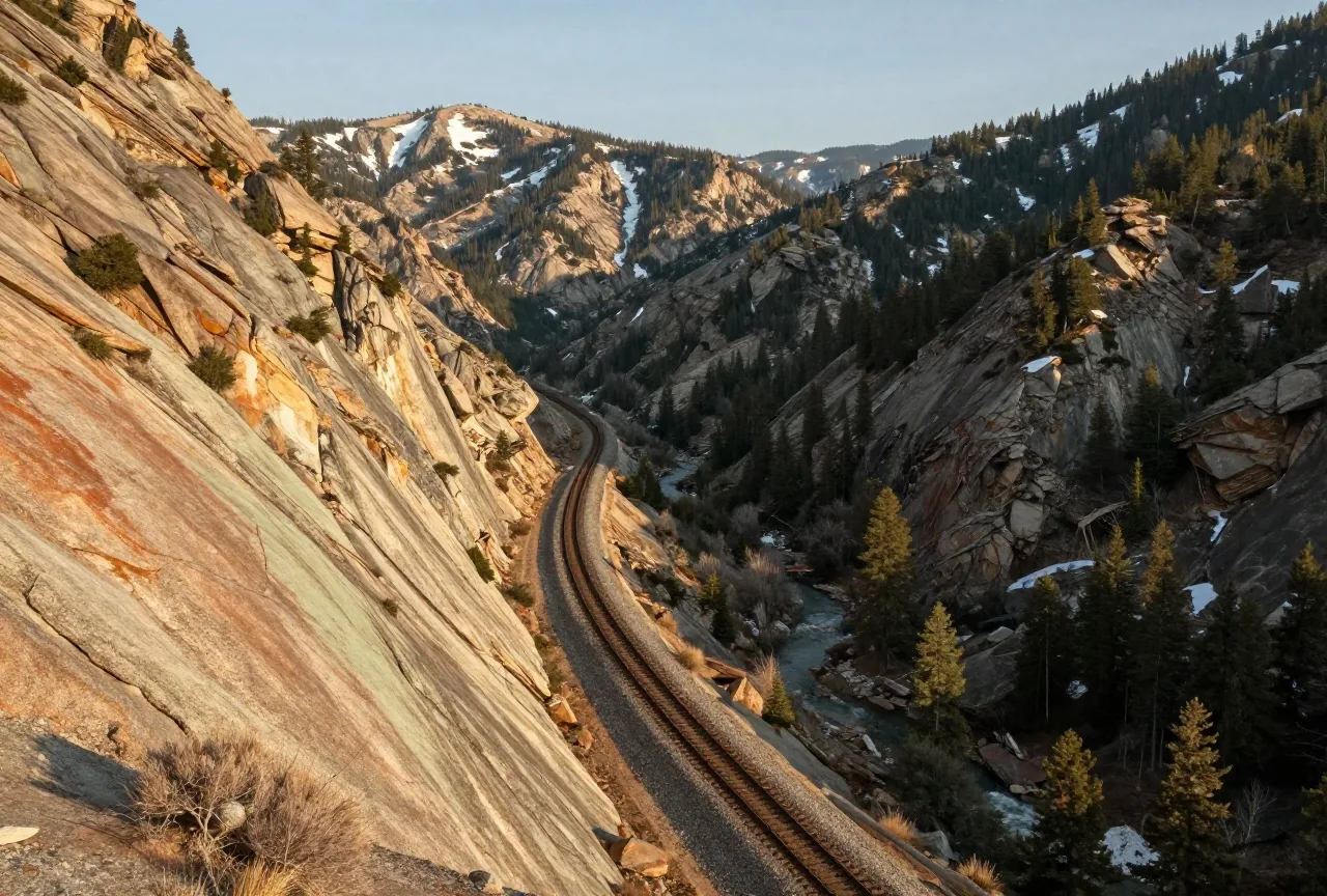 Bahntrasse an einem steilen Granithang hoch über einem bewaldeten Flusstal in der Sierra Nevada, Schneereste auf den Gipfeln, Licht der späten Nachmittagssonne