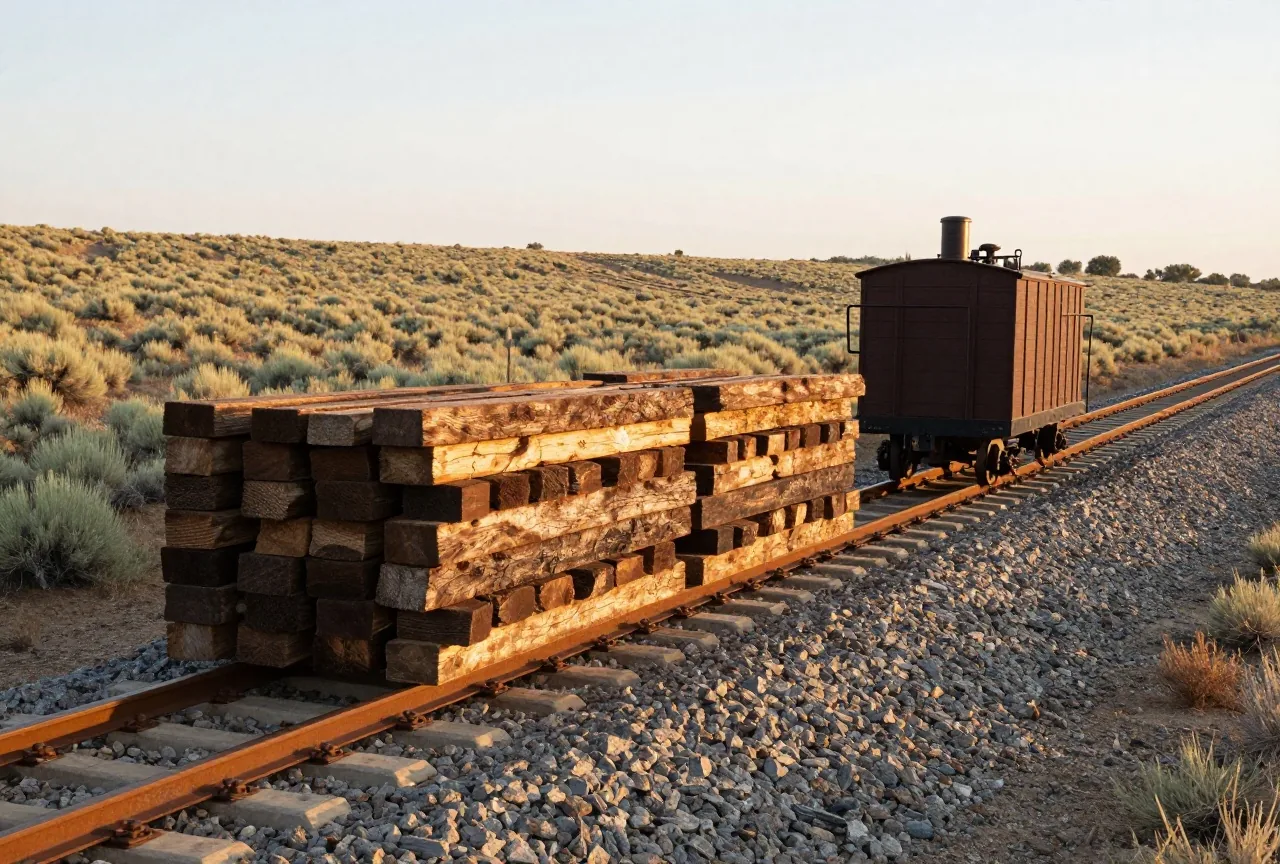 Gestapelte Holzschwellen und Eisenschienen neben einem frisch geschotterten Bahndamm in einer Ebene mit Beifuß, auf dem Gleis steht eine kleine Draisine mit Pumphebel, warmes Nachmittagslicht