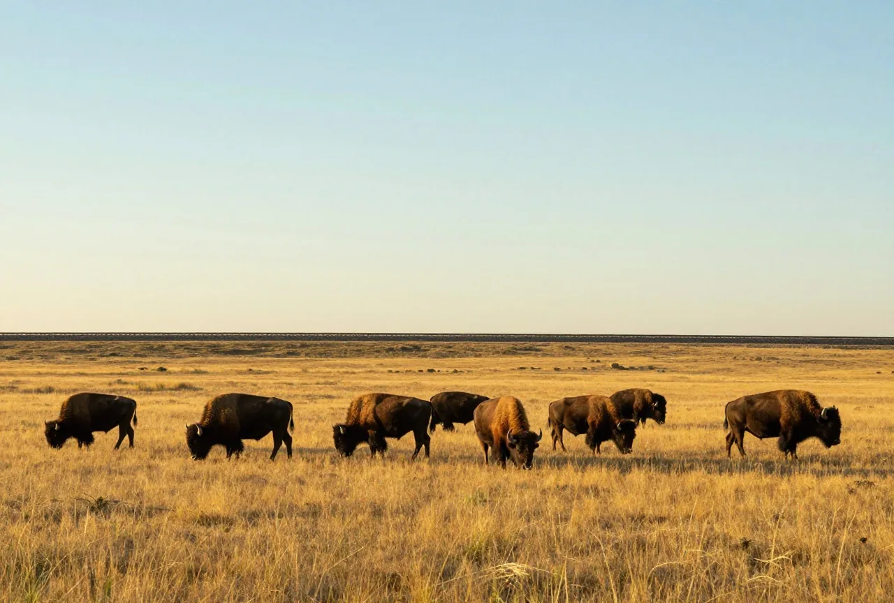 Kleine Bisonherde grast in einer weiten goldenen Prärie unter großem Himmel, am Horizont zieht sich ein gerader Bahndamm entlang, späte Nachmittagssonne