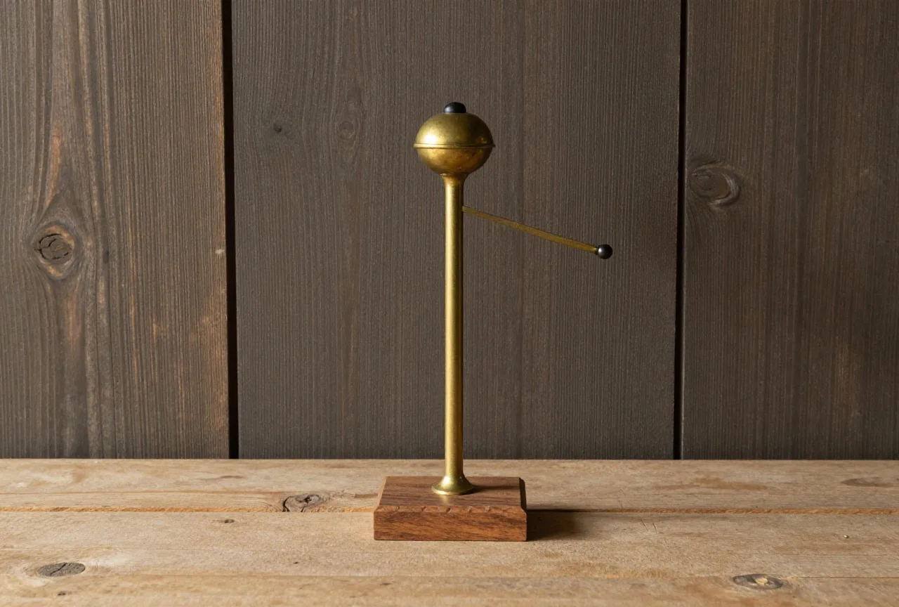 Telegrafentaste aus Messing auf einem kleinen Holzsockel auf einem rohen Holztisch vor einer Bretterwand, warmes Seitenlicht