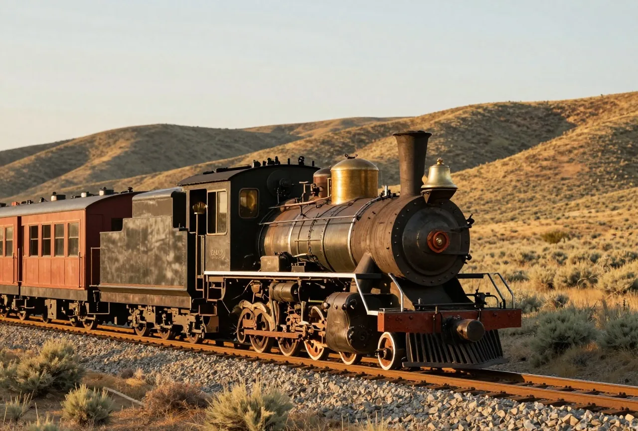 Dampflokomotive mit hohem Funkenfängerschornstein auf einem einzelnen Gleis in einer kargen Hügellandschaft mit Beifuß im Abendlicht