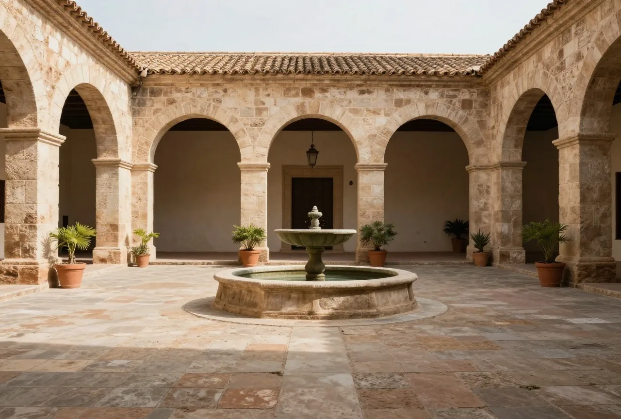 Innenhof eines Kolonialgebäudes mit Arkaden aus hellem Stein, einem Brunnen in der Mitte und Topfpflanzen, lange Schatten im warmen Nachmittagslicht