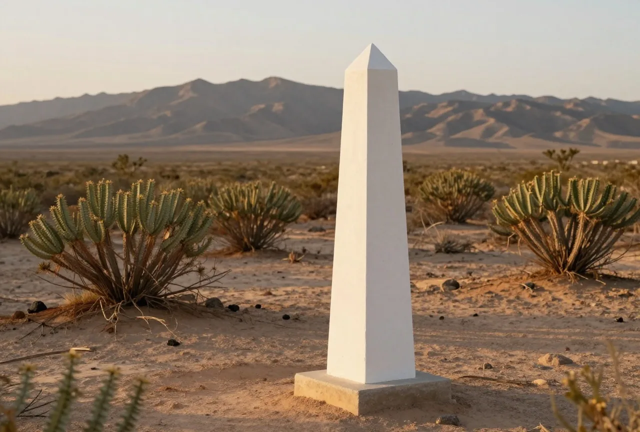 Schlichter weißer Grenzobelisk aus Stein ohne Inschrift auf einem trockenen Hügel mit Kreosotbüschen, im Hintergrund eine weite Wüstenebene und ferne Berge im Abendlicht