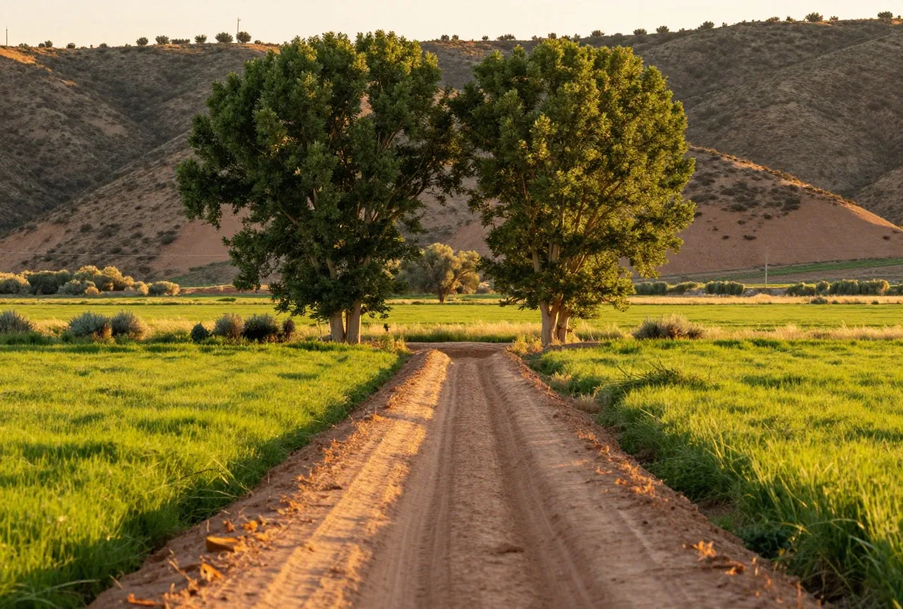 Feldweg zwischen grünen Feldern in einem Tal in New Mexico, hohe Pappeln in vollem Laub, dahinter Hügel im goldenen Licht des späten Nachmittags