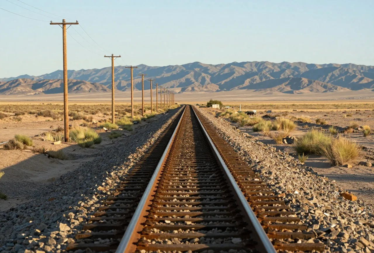 Eisenbahngleis mit Holzschwellen und eine Reihe hölzerner Telegrafenmasten führen durch eine leere Hochebene auf niedrige Berge zu