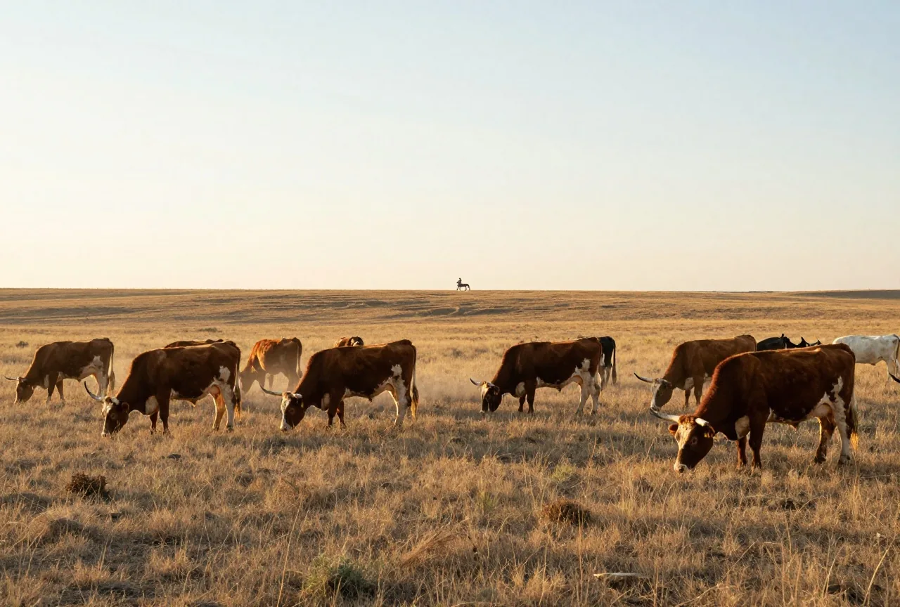 Herde von Longhorn-Rindern auf einer weiten, trockenen Grasebene unter großem Himmel, am Horizont ein einzelner Reiter von hinten im warmen Abendlicht