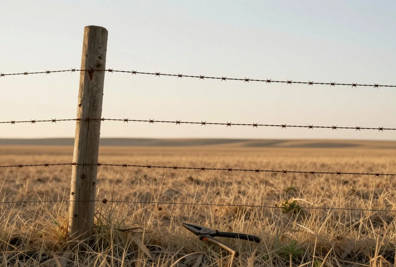 Durchtrennter Stacheldraht hängt lose an einem schiefen Holzpfosten auf einer trockenen Weide, im Gras liegt eine alte Drahtzange, Abendlicht über flachem Land