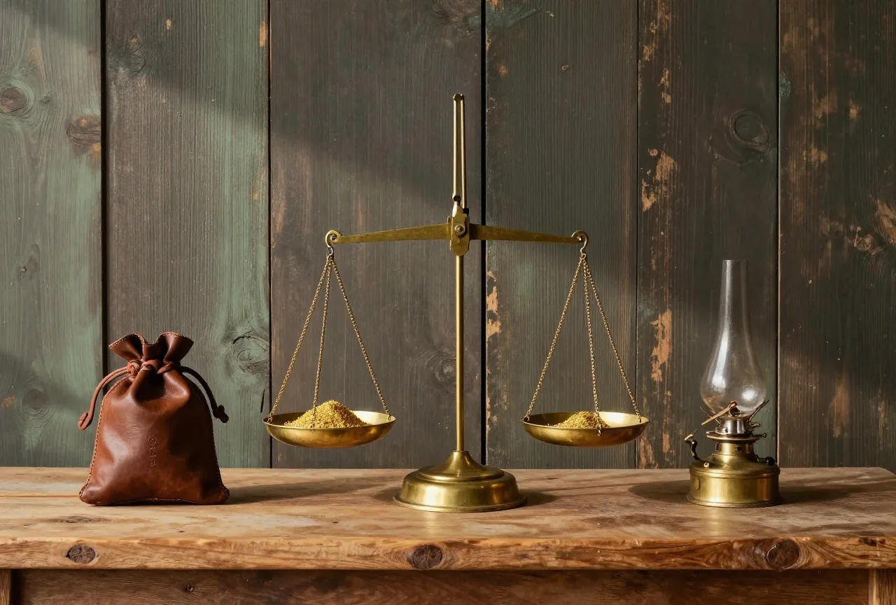 Messingwaage mit kleinem Häufchen Goldstaub, ein Lederbeutel und eine Öllampe auf einem abgenutzten Holztresen vor einer Bretterwand, warmes Seitenlicht
