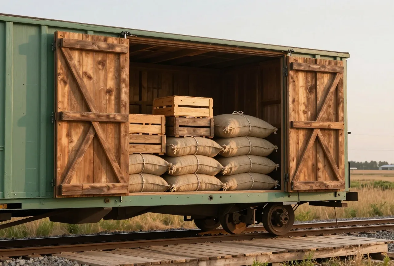Offener hölzerner Güterwagen mit breiter Schiebetür, darin gestapelte Holzkisten und schlichte Säcke, an einem Bahnsteig aus Holzbohlen, Prärie im Abendlicht
