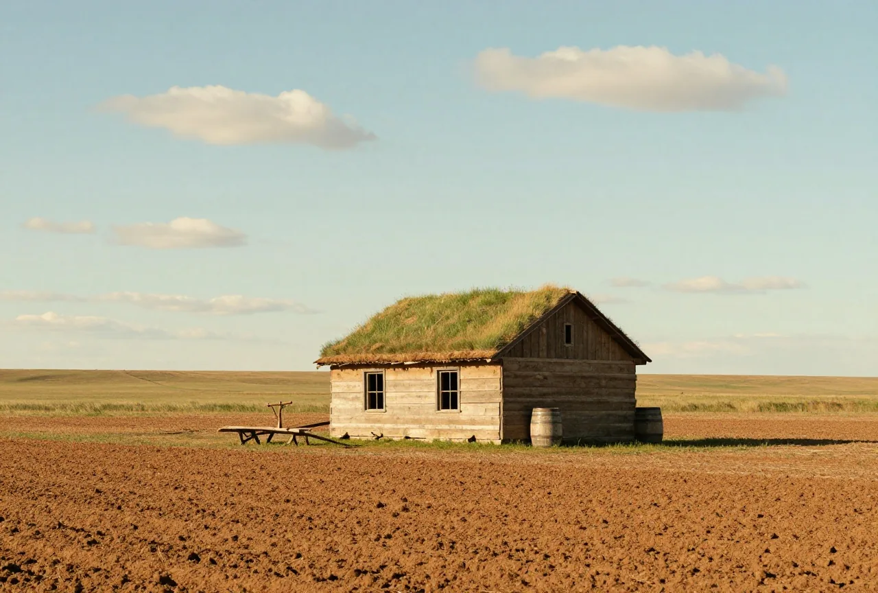 Kleines Haus aus Grassoden mit begrüntem Dach auf offener Prärie, daneben ein hölzerner Pflug und ein Wasserfass, davor ein frisch umgepflügtes Feld unter weitem Wolkenhimmel