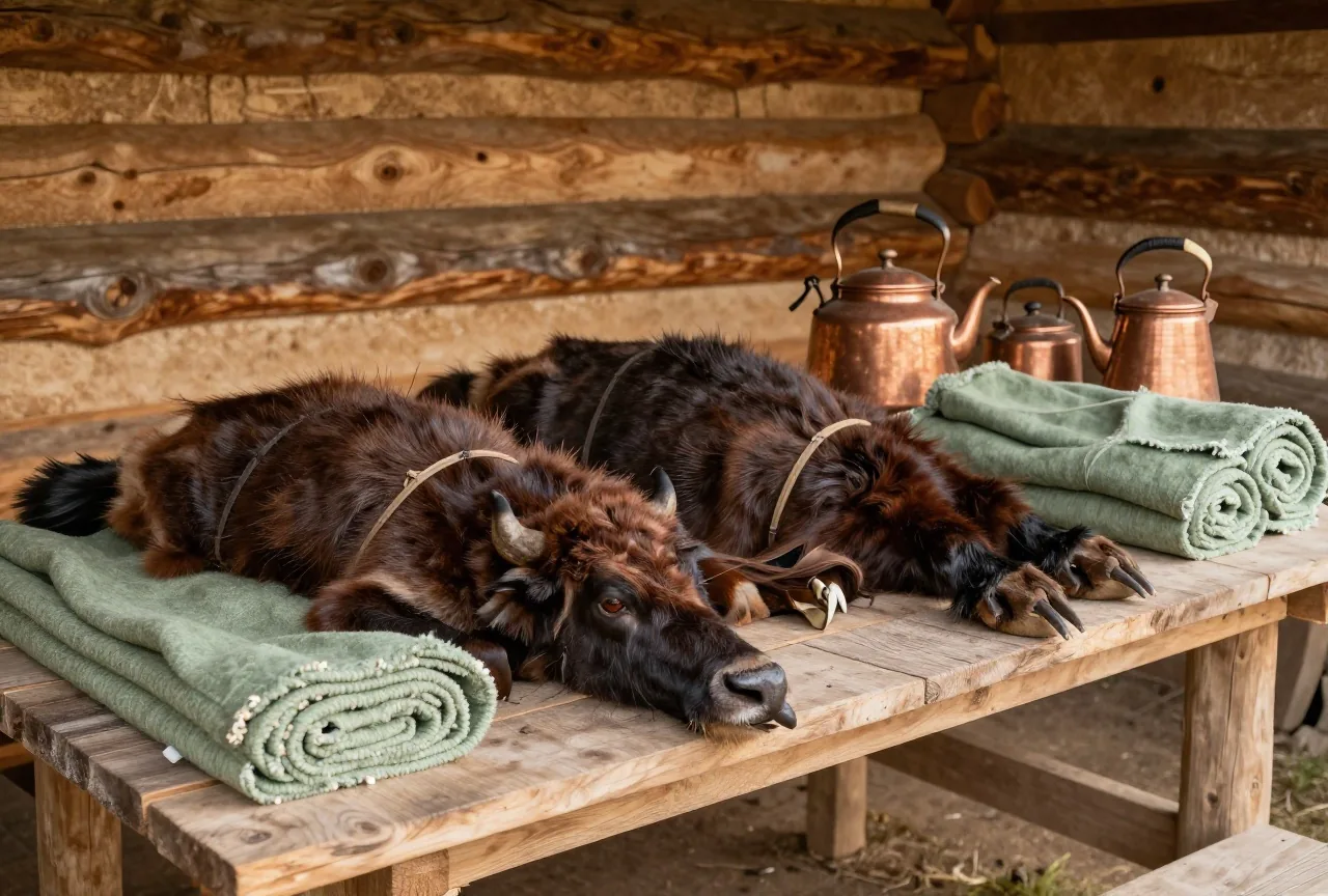 Gebündelte Ballen aus dunkelbraunen Fellen und eine gefaltete Bisonrobe auf einem rohen Holztisch in einem Handelsposten aus Balken, daneben Kupferkessel und Stoffballen, warmes Licht