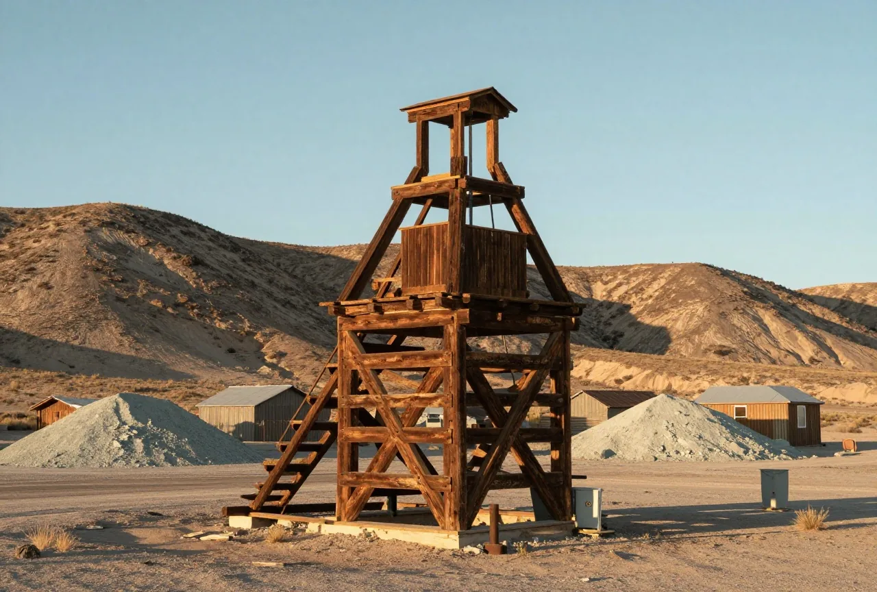 Hölzerner Förderturm und Erzhalden an einem kahlen Berghang in der Wüste von Nevada, daneben verwitterte Schuppen aus Brettern, späte Nachmittagssonne
