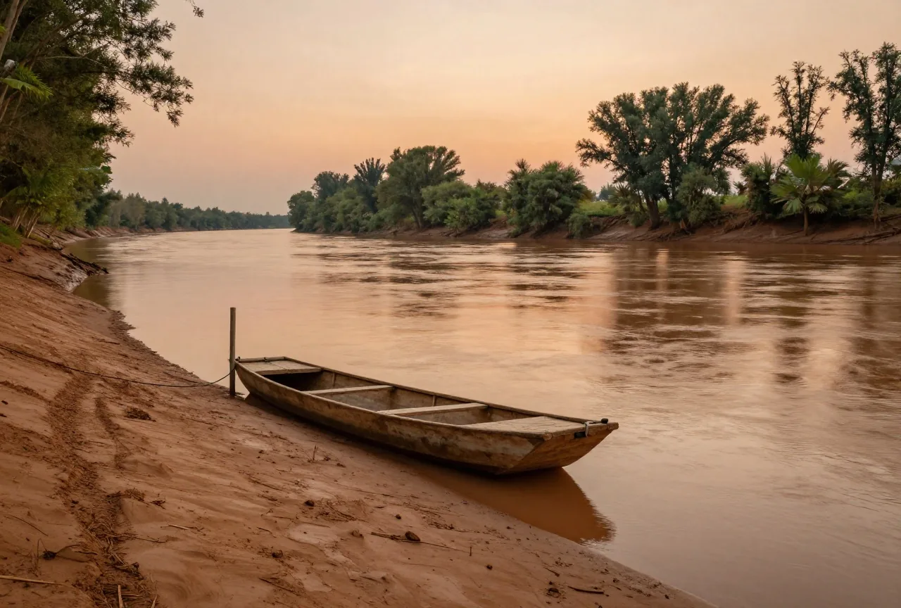 Breiter brauner Fluss im Abendlicht, am flachen Ufer ein hölzernes Flachboot an einem Pfahl, am anderen Ufer Pappeln
