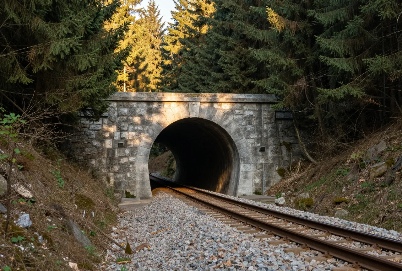 Tunnelportal aus grauem Naturstein an einer eingleisigen Bahnstrecke in einem dichten Nadelwald im Gebirge, Sonnenlicht fällt schräg durch die Bäume auf die Schienen