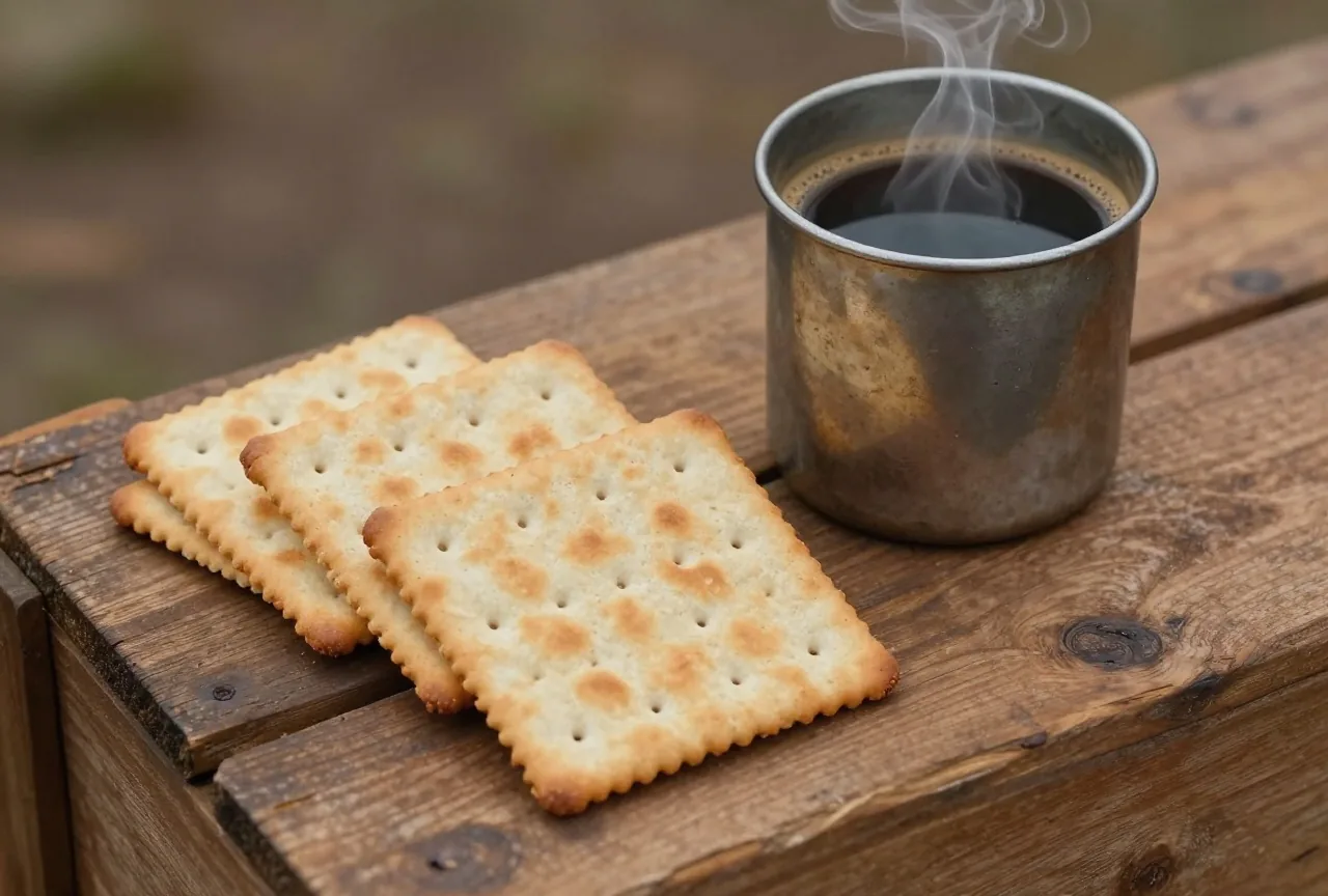 Mehrere quadratische, gelochte Hartkekse auf einem grob gezimmerten Holzkasten, daneben ein verbeulter Blechbecher mit dampfendem schwarzem Kaffee im warmen Licht eines Lagerfeuers
