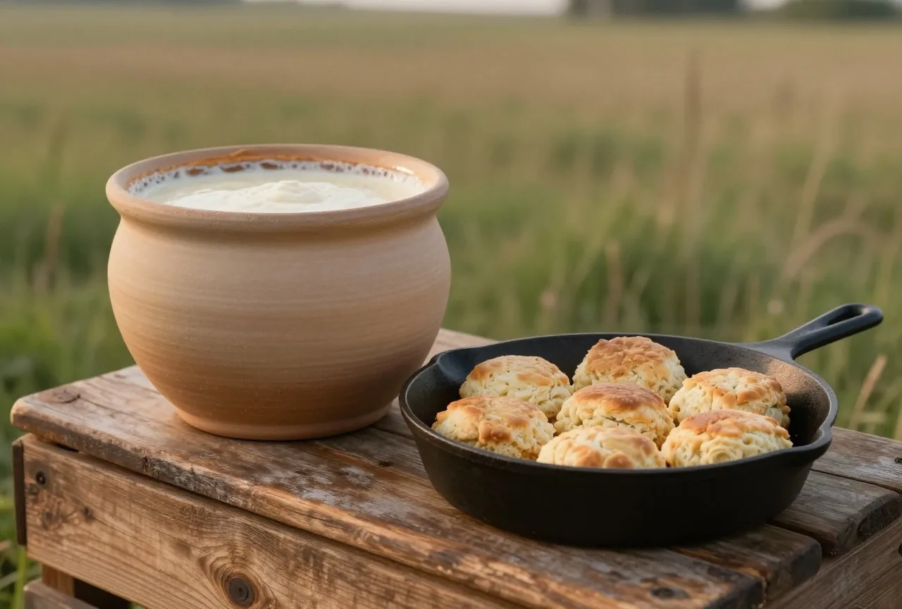 Steinguttopf mit blubberndem Sauerteig neben einer gusseisernen Pfanne voller goldbrauner Biscuits auf einer heruntergeklappten Holzplatte im Abendlicht, dahinter unscharf Präriegras