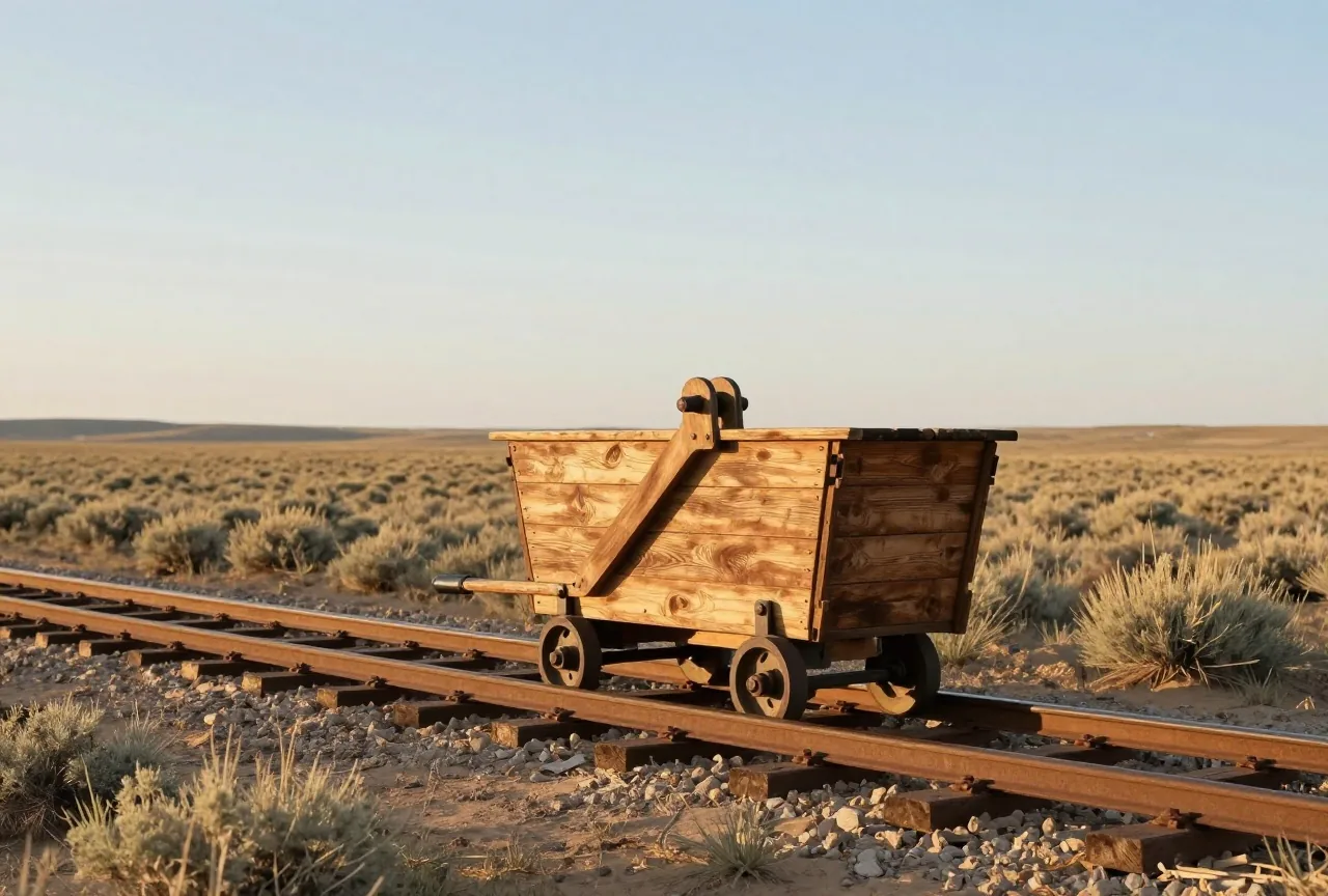 Kleiner offener Schienenwagen aus Holz mit Pumphebel auf einem einzelnen Gleis aus Holzschwellen und Eisenschienen in einer Ebene mit Beifuß im Nachmittagslicht