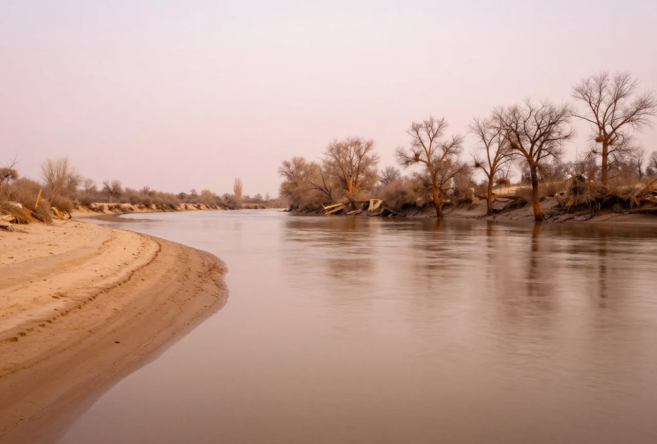 Breiter, langsamer brauner Fluss mit Sandbänken und kahlen Pappeln am Ufer im weichen Abendlicht