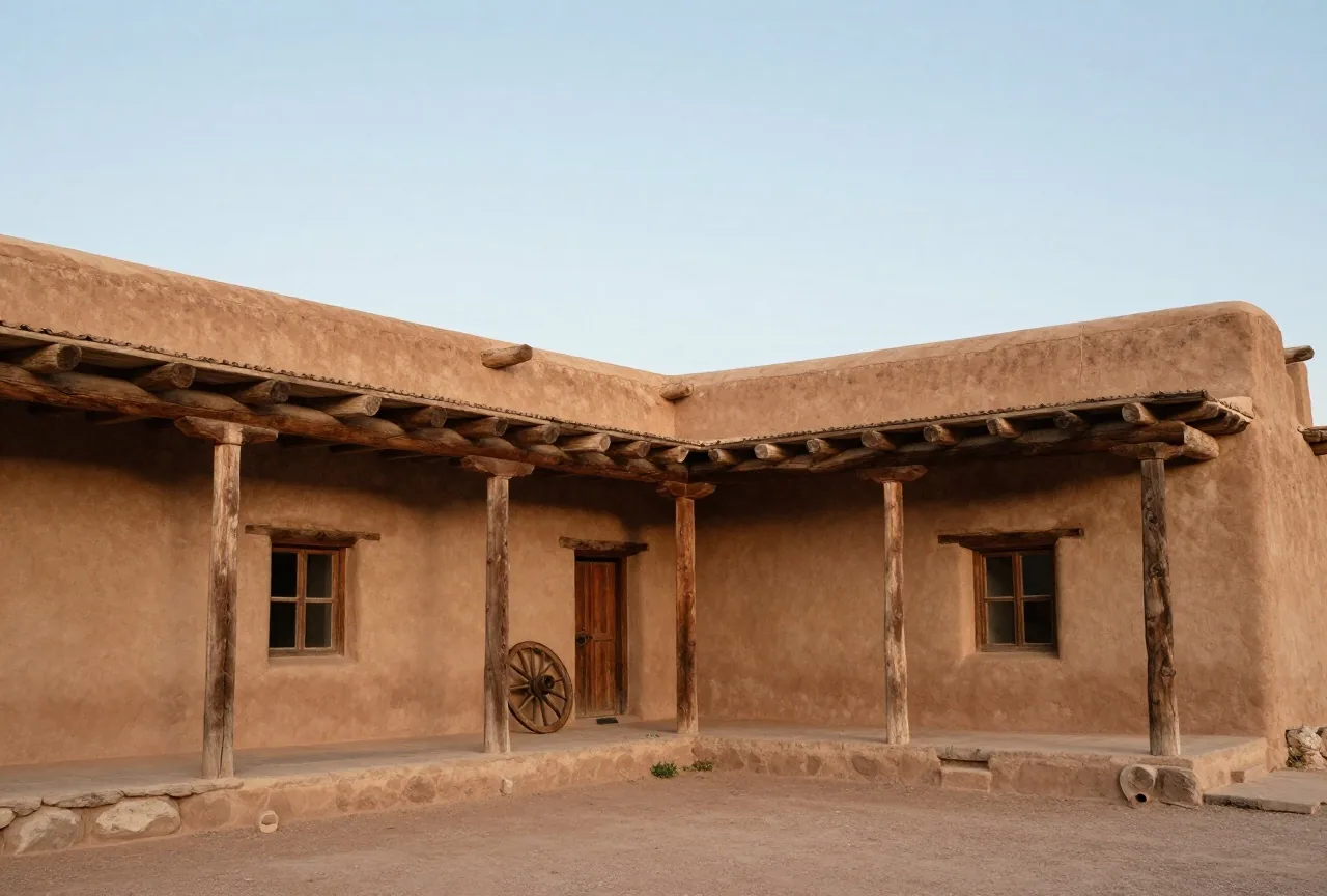 Innenhof eines alten Hauses aus Adobe mit dicken, lehmverputzten Wänden, vorstehenden Holzbalken, einem überdachten Gang auf Holzpfosten und einem hölzernen Wagenrad an der Wand im Licht der späten Sonne