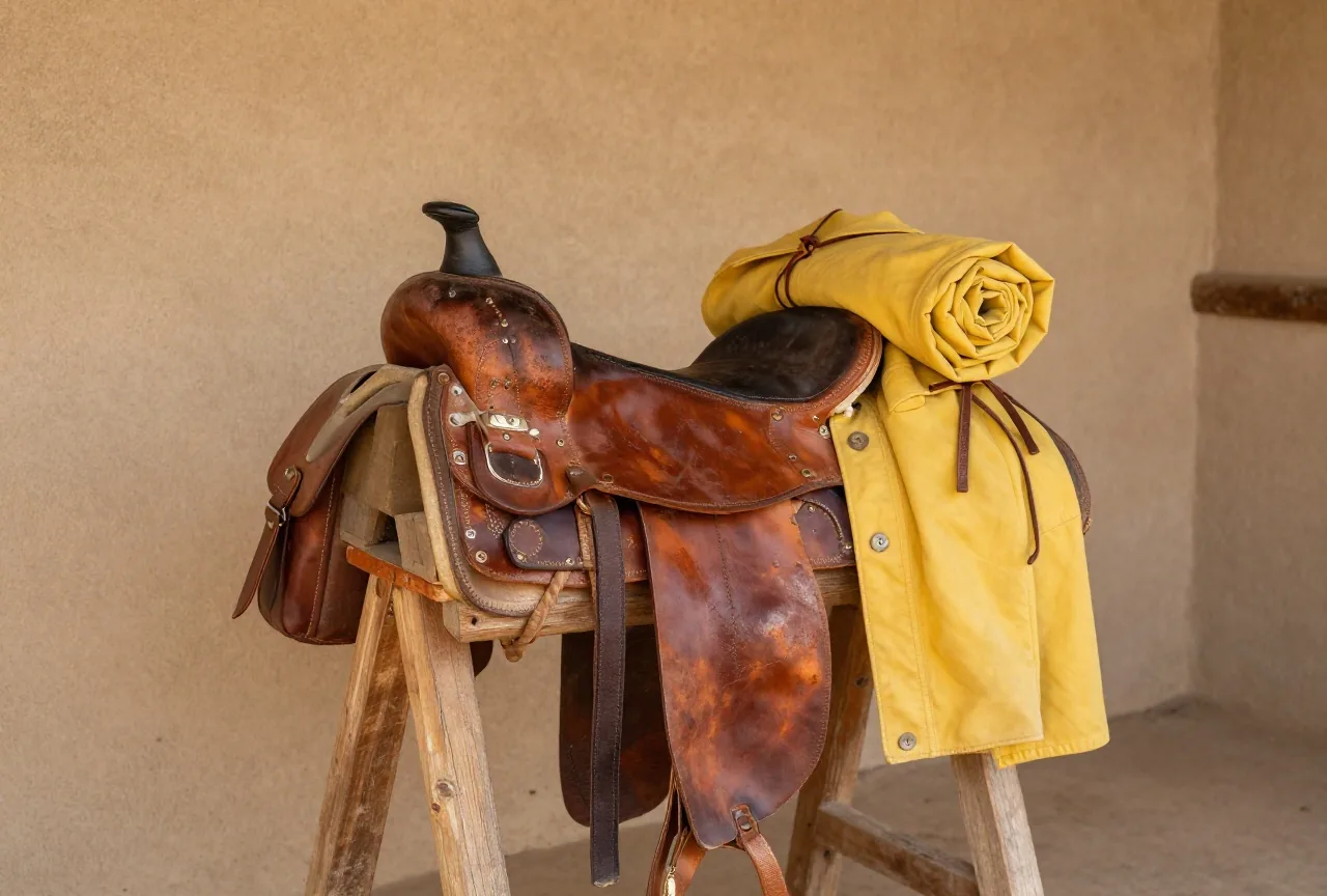 Ein Westernsattel auf einem hölzernen Sattelbock, an der Seite eine lederne Satteltasche, hinter dem Sitz ein gerollter Regenmantel aus Ölzeug mit Lederriemen festgeschnürt, warmes Licht in einer Scheune mit Lehmwänden