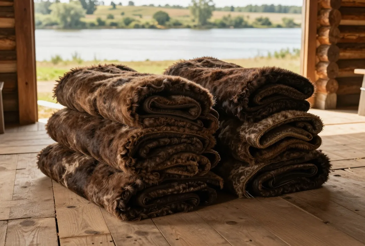 Gestapelte Ballen gegerbter Bisonfelle mit dichtem braunem Haar auf dem Bretterboden eines Lagerhauses aus Holzstämmen, durch die offene Tür fällt Licht auf einen Fluss