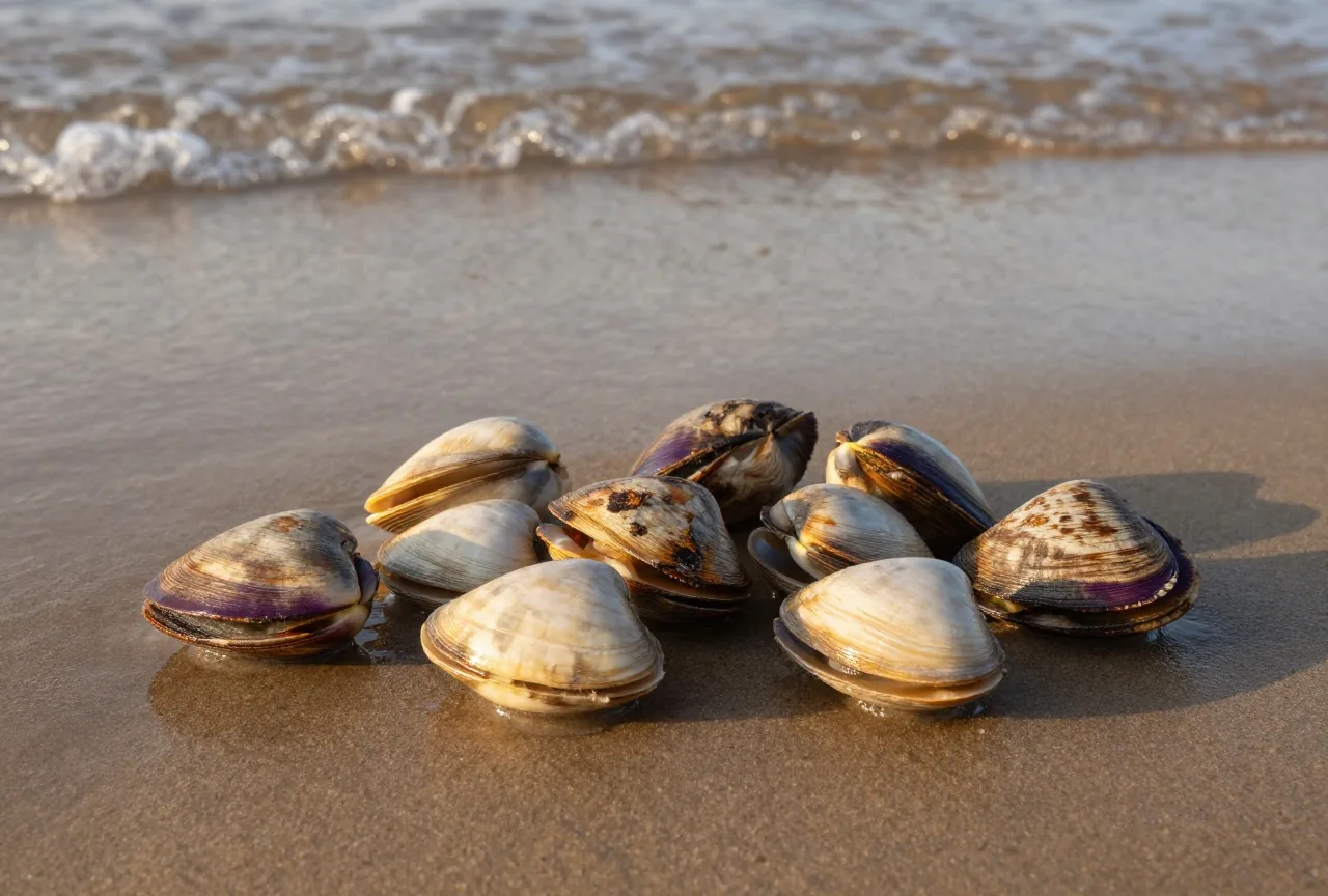Weiße und violett gefleckte Muschelschalen und Schneckengehäuse im nassen Sand eines Atlantikstrands bei tief stehender Sonne