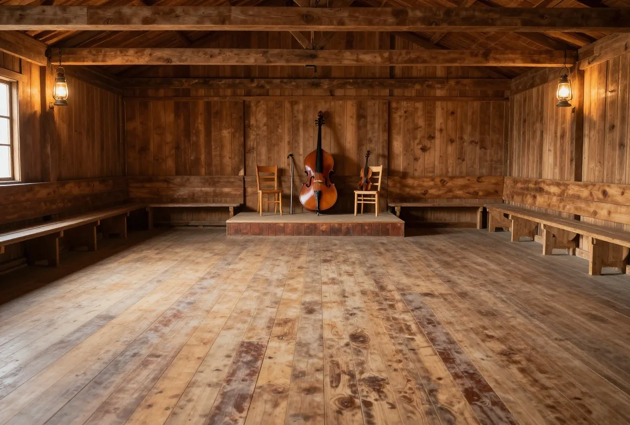 Leerer Tanzsaal aus Holz mit breiten Dielen, Bänken an den Wänden und einem kleinen Podest mit Kontrabass, Geige und zwei Stühlen, Petroleumlampen an den Balken im warmen Abendlicht