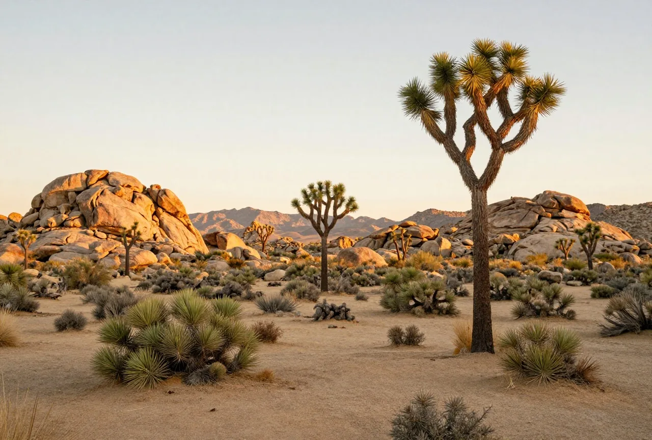 Weite Hochwüste mit vereinzelten Joshua Trees und runden grünen Kreosotbüschen auf hellem Sandboden, dahinter Granitblöcke und niedrige Berge im warmen Licht der späten Nachmittagssonne